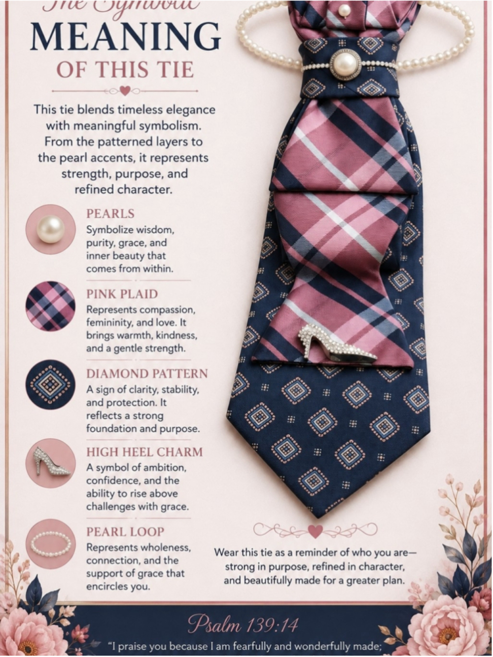 Pink & Navy Plaid Necklace Tie With Embellishments